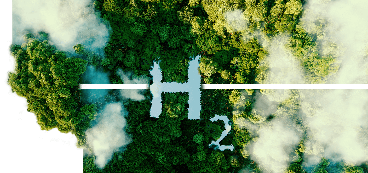 Titelbild mit Stimmungsbild von einem H2 Wasserstoffschriftzugs in einem Wald