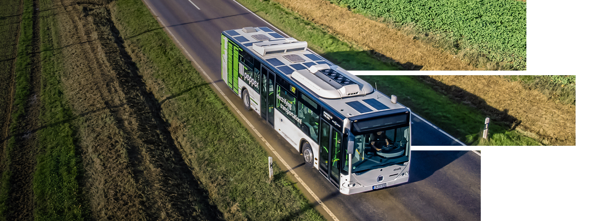 Ein von pepper elektrifizierter Mercedes-Benz Citaro auf einer Landstraße